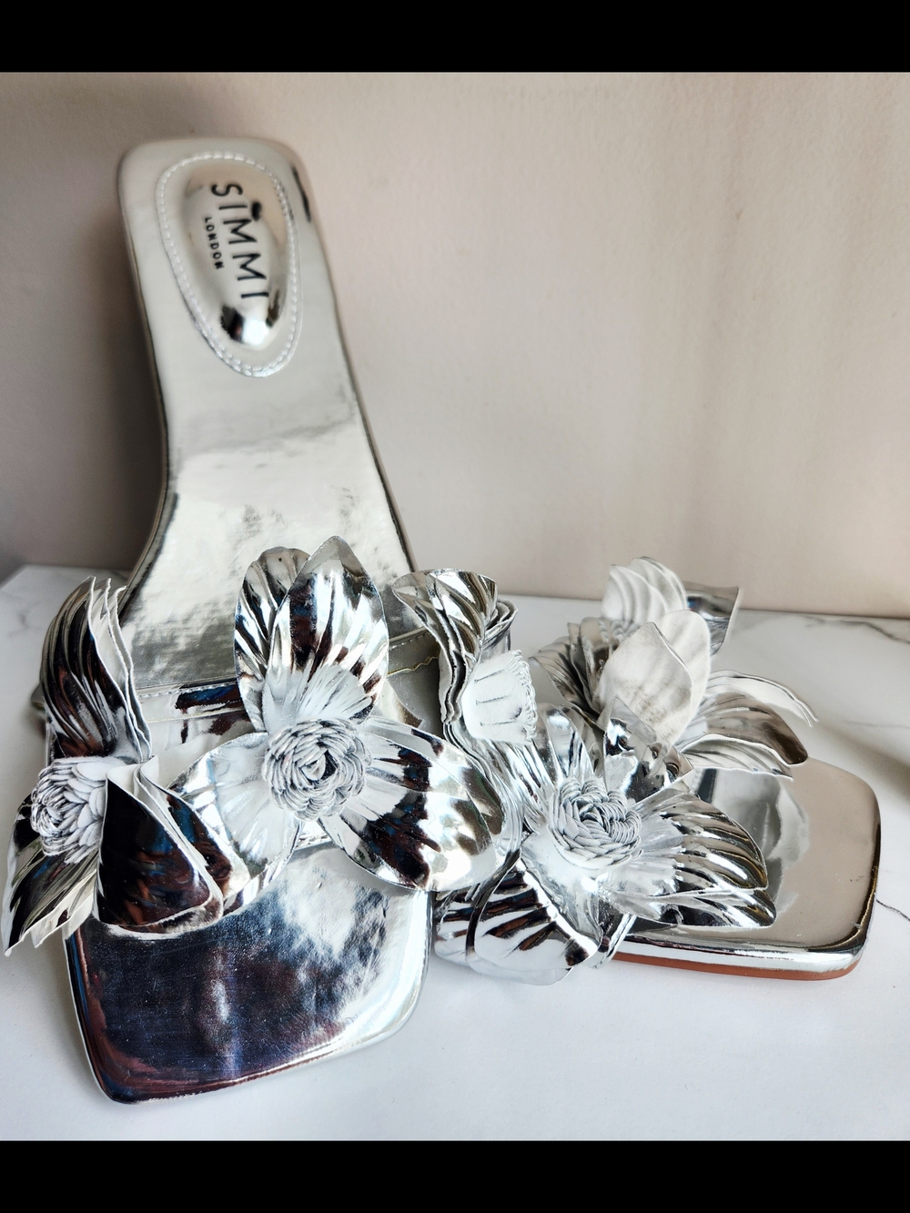 Silver Floral Slide Sandals